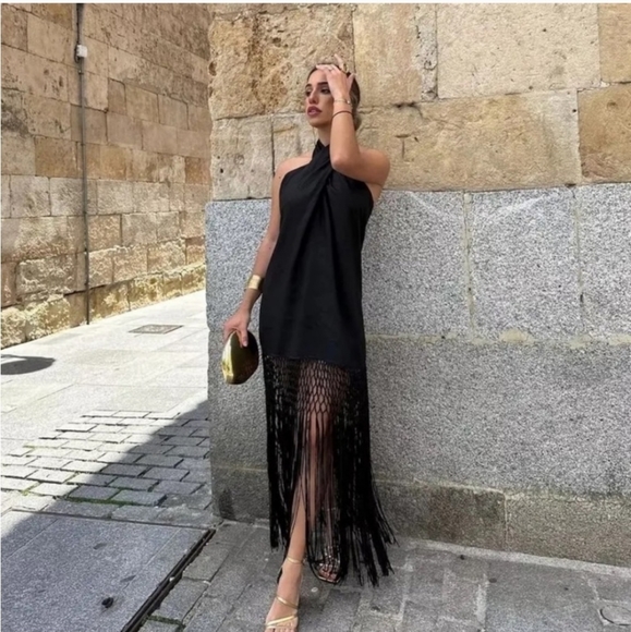 Zara halter * linen dress with fringe black size XS - Picture 8 of 16